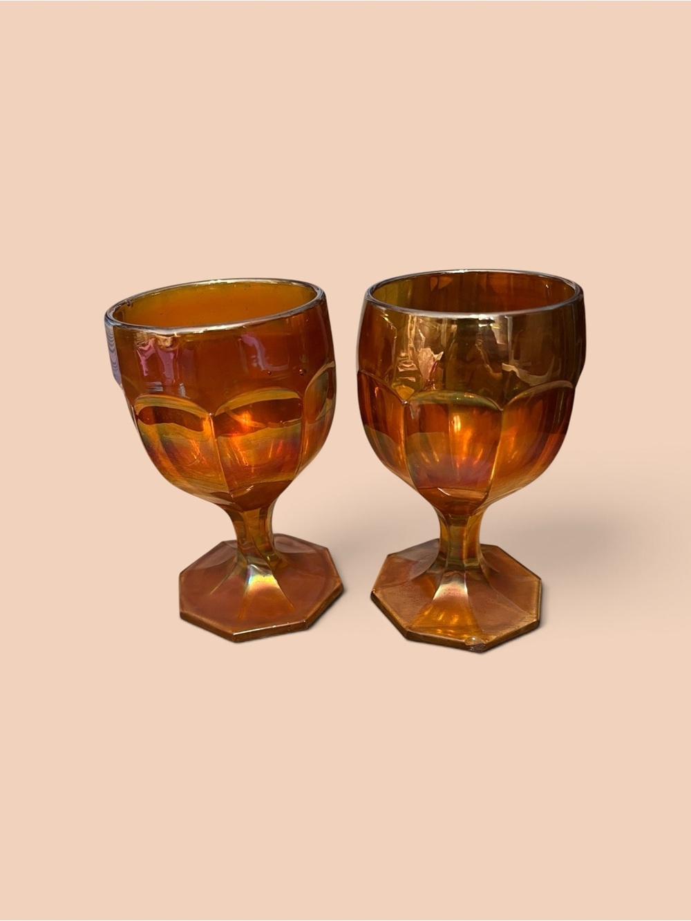 Iridescent Amber Goblet Glasses - Set of 2 Carnival Glass